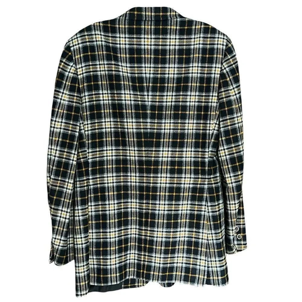 Hardy Amies of London Blazer Sport Coat. Plaid black/gray/gold/white. Sz 42R